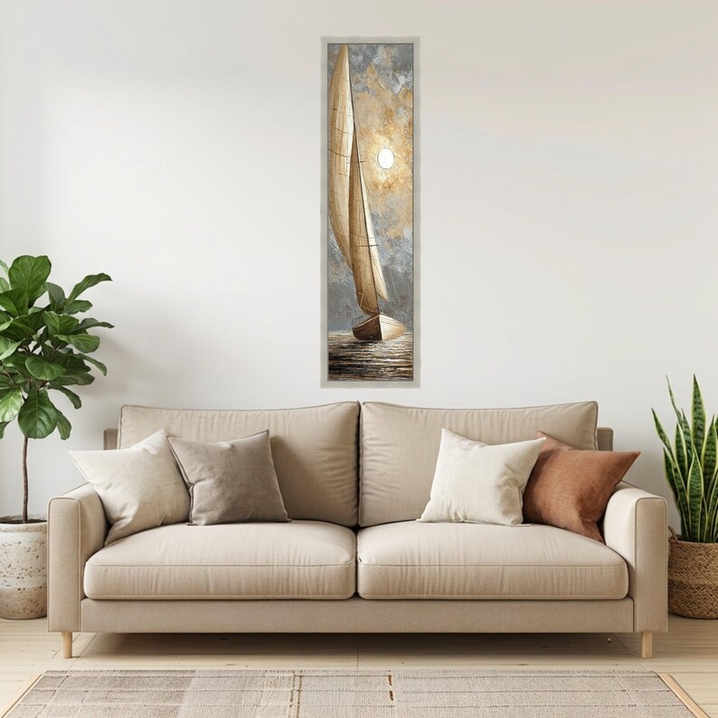 Golden Sailboat Canvas Painting, Full Moon Sailing Ship on Textured Gray Sea, Neutral Nautical Wall Art for Coastal Decor Silver Frame