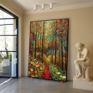 Höstskogsstig, Gustav Klimt väggkonst, Gyllene trädlandskap, Blommig natur canvasdekoration, väggbonad för hemmet