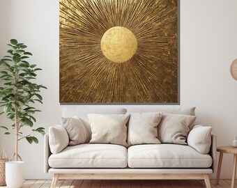 Golden Sunburst Canvas Painting, Luxury Abstract Gold Wall Art