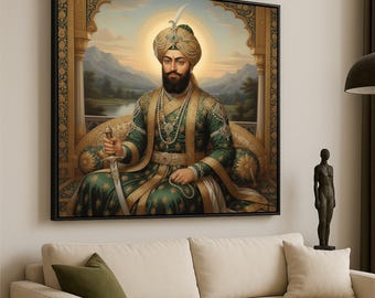 Royal Maharaja Portrait Canvas, Indian King Wall Art, Traditional Regal Decor, Vintage Mughal Prince Painting, Luxury Home Canvas