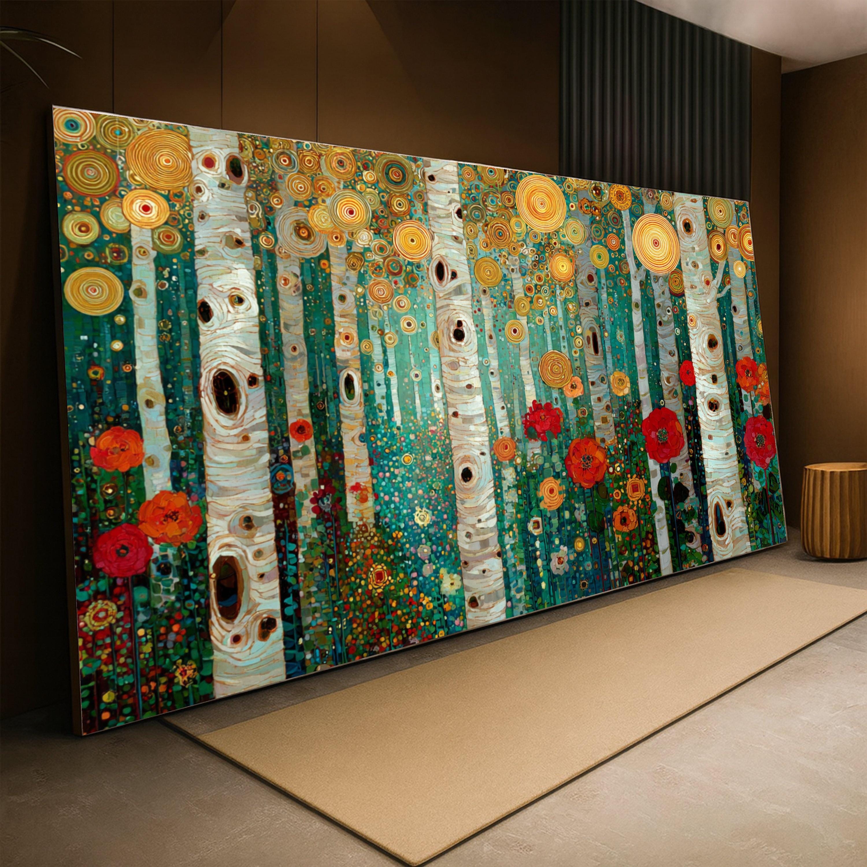 Gustav Klimt Birch Tree Forest Canvas, Abstract Floral Wall Art