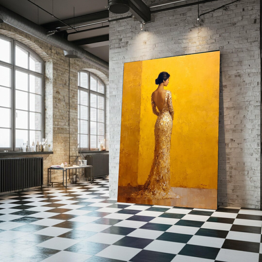 Elegant Woman in Gold Evening Gown Canvas, Modern Figurative Wall Art ...