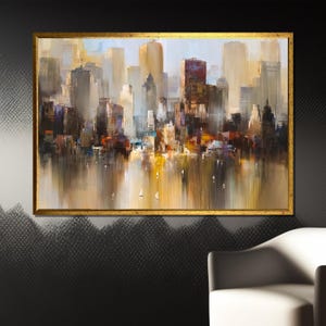 Abstract Cityscape Canvas Painting - Modern Urban Skyline with Reflections, Unique Wall Art, Perfect Gift for Art Lovers