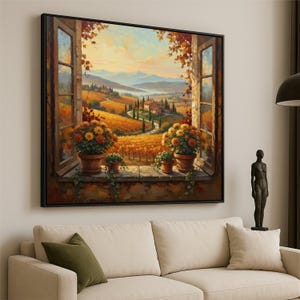 May include: A framed painting showing a Tuscan landscape through an open window. The scene features rolling hills, vineyards, and buildings under a warm, autumnal sky. Terra cotta pots with orange flowers sit on the windowsill, framed by wooden window frames.