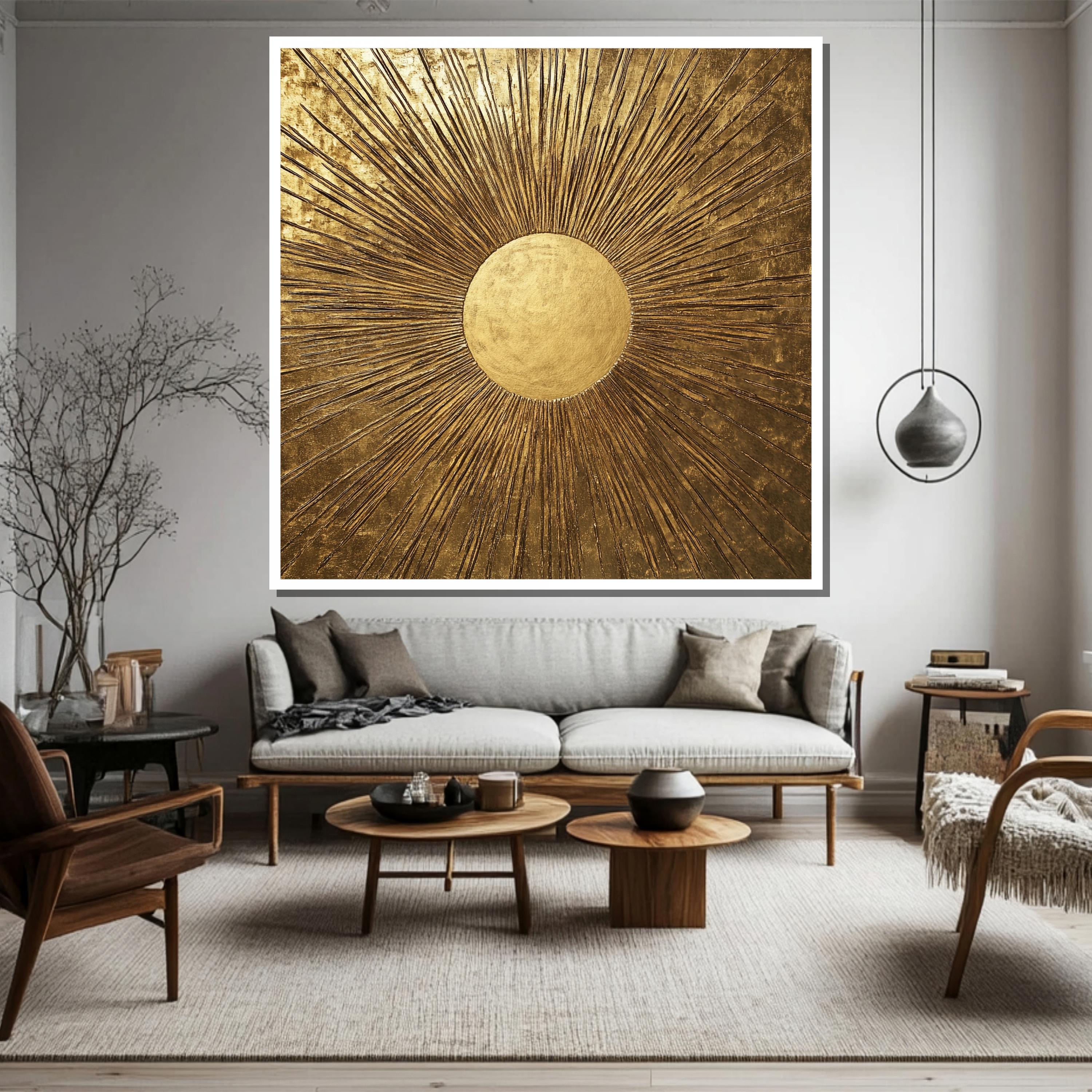 Golden Sunburst Canvas Painting, Luxury Abstract Gold Wall Art