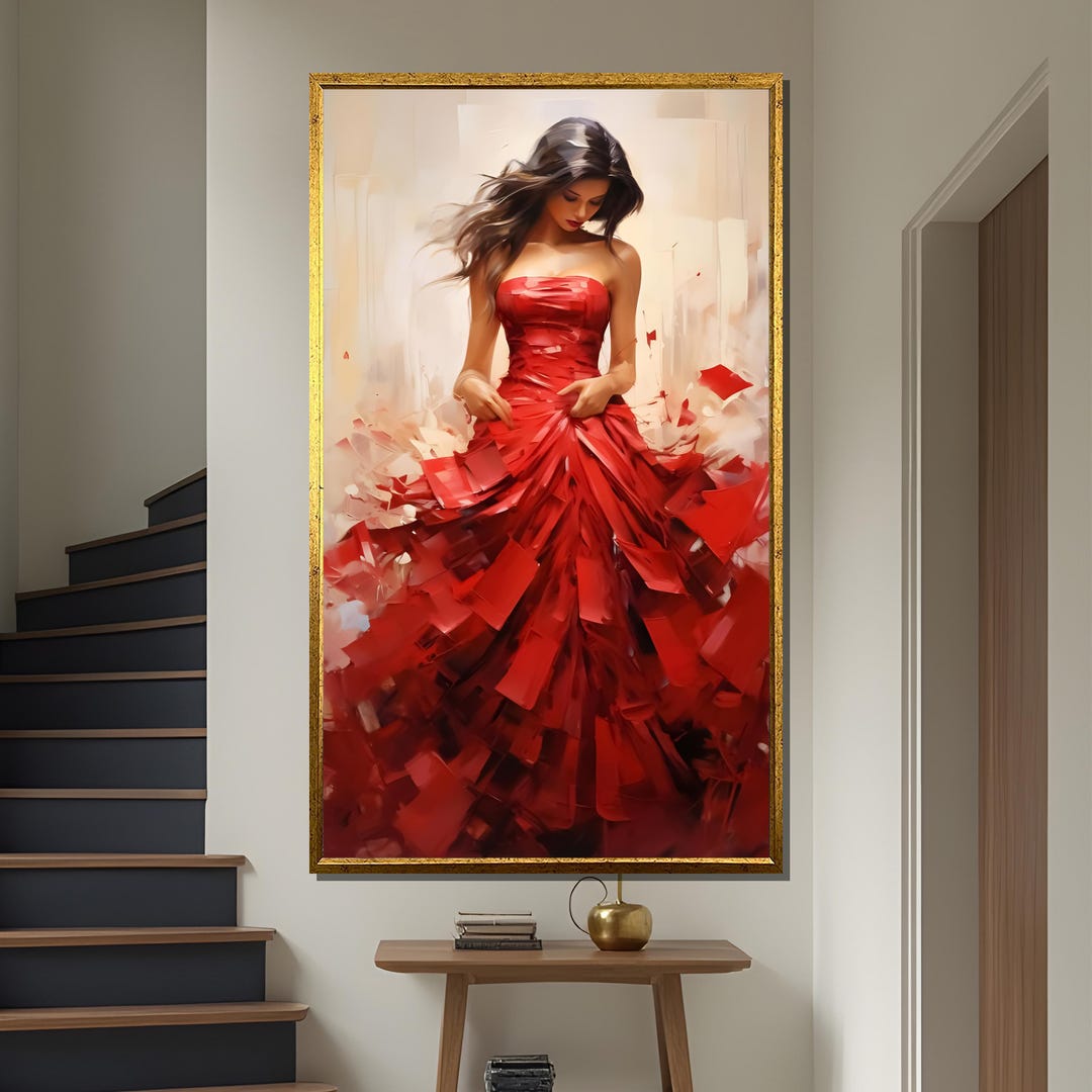 Elegant Red Dress Canvas Painting Gift - Stylish Woman in Flowing Red ...