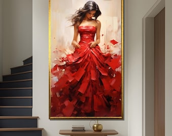 Elegant Red Dress Canvas Painting Gift - Stylish Woman in Flowing Red Gown Modern Art for Chic Wall Decor and Fashion Lovers