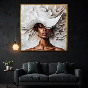 Elegant Black Woman Canvas Painting, Fashionable Lady with Hat,  Wall Art, Modern Glamour Decor, Unique Gift for Her