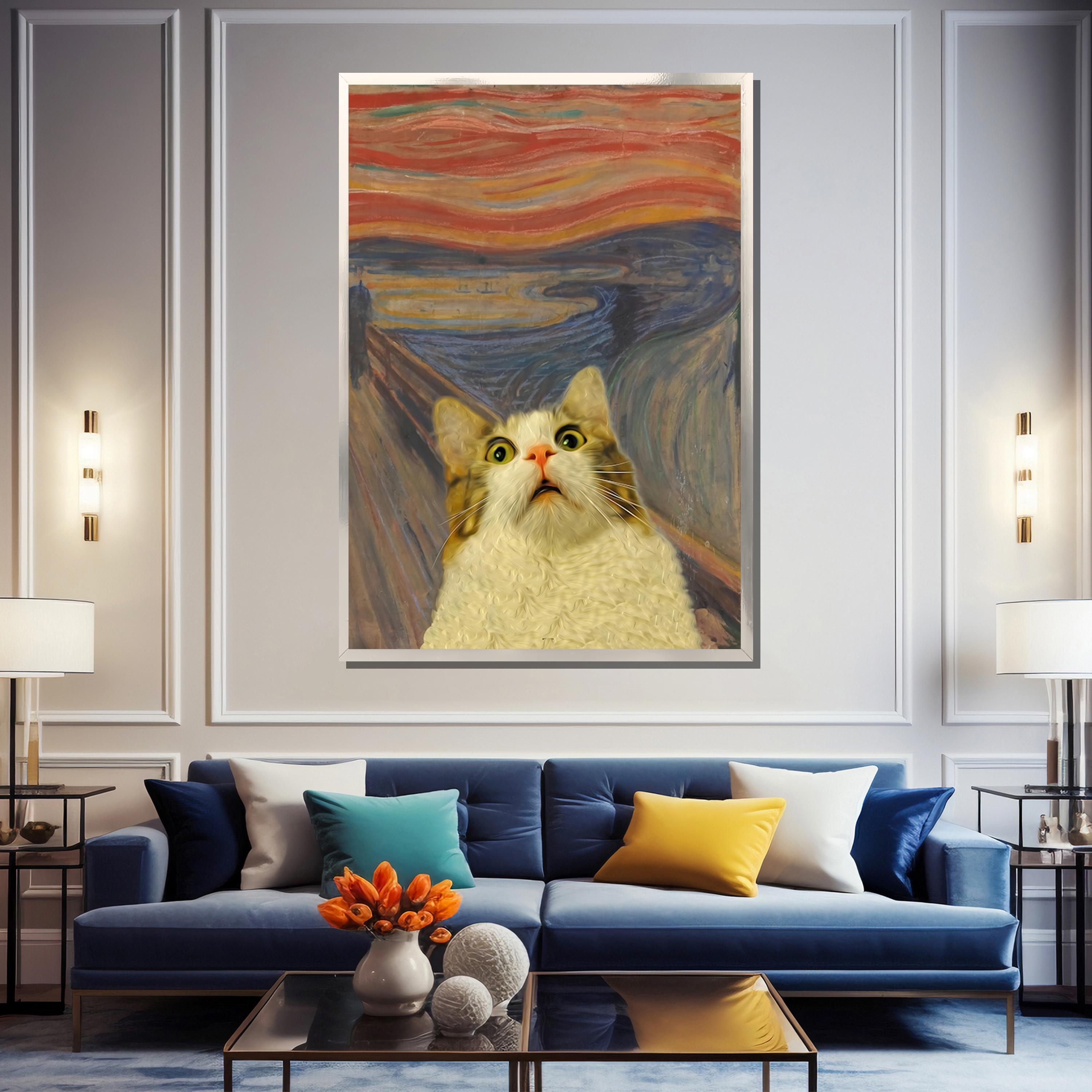 叫び声のパロディ「ニャー」キャンバス絵画｜面白くて風変わりな猫