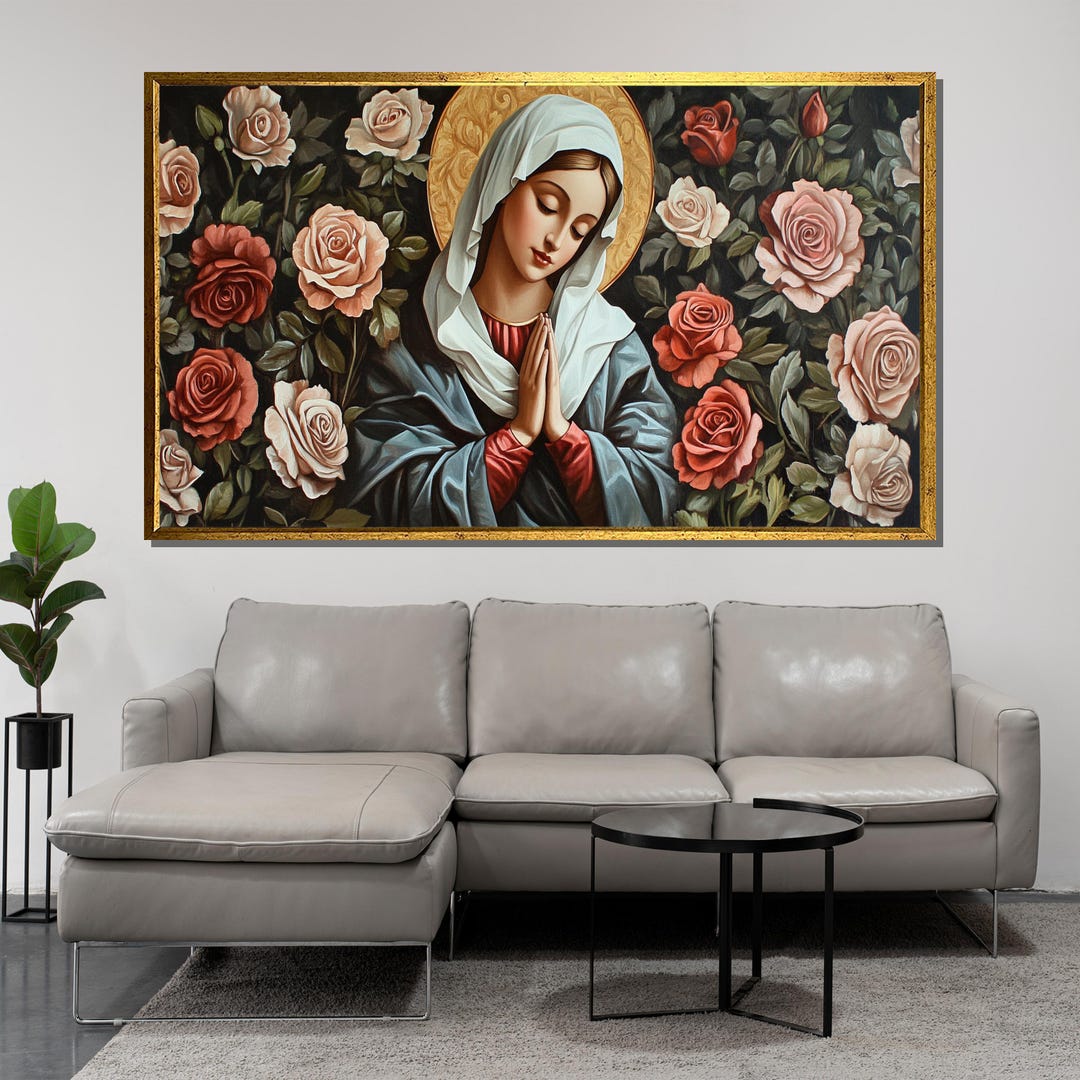 Virgin Mary Canvas Painting, Floral Religious Wall Art, Catholic Home ...