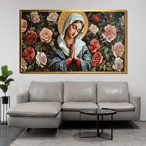 Virgin Mary Canvas Painting, Floral Religious Wall Art, Catholic Home Decor, Holy Mother and Roses Artwork, Spiritual Gift