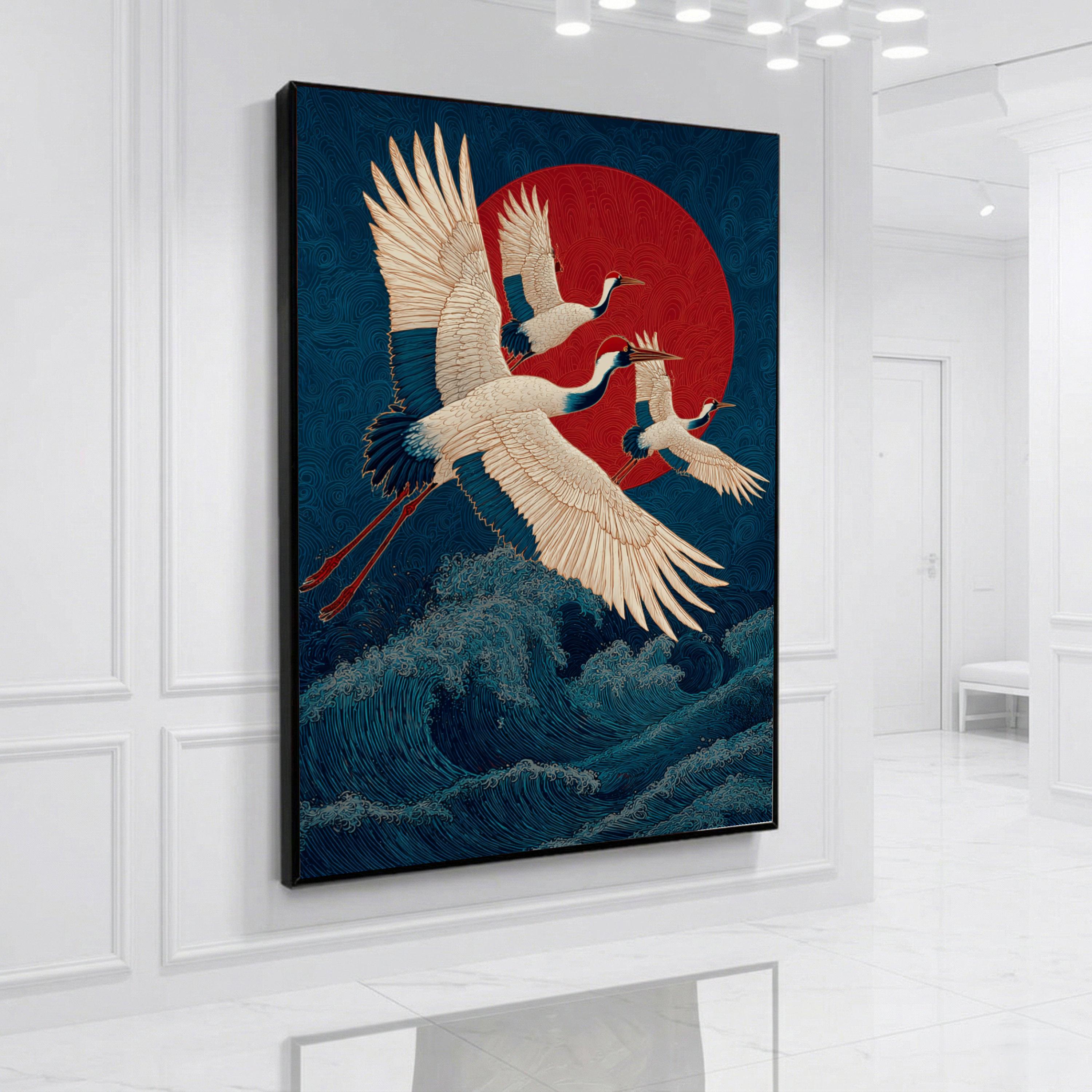 Majestic Cranes Flying Over Ocean Waves Canvas, Japanese Red Sun