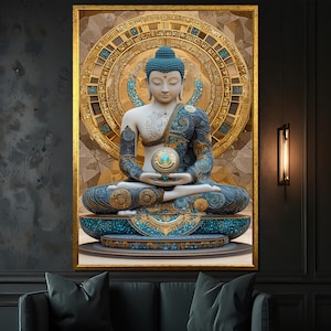 Intricate Buddha Canvas Painting with Golden Sacred Symbols, Spiritual Zen Wall Art, Meditation Gift for Home