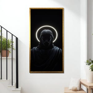 Modern Sacred Portrait of Jesus with Radiant Halo – Minimalist Religious Canvas Painting Gift Idea
