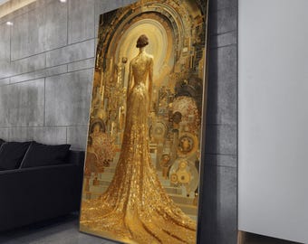 Gustav Klimt Golden Woman Canvas Wall Art, Abstract Art Nouveau Design, Decorative Metallic Gold Canvas, Elegant Home Decor