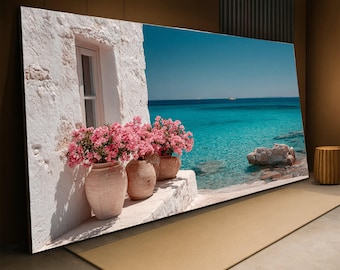 Mittelmeer Küsten Ansicht Leinwand, Rosa Blumen in Tontöpfen, Türkis Meer Wand Kunst, Sommer Strand Landschaft, Rustikale Wohnkultur Leinwand