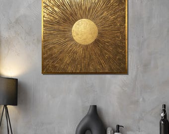 Golden Sunburst Canvas Painting, Luxury Abstract Gold Wall Art