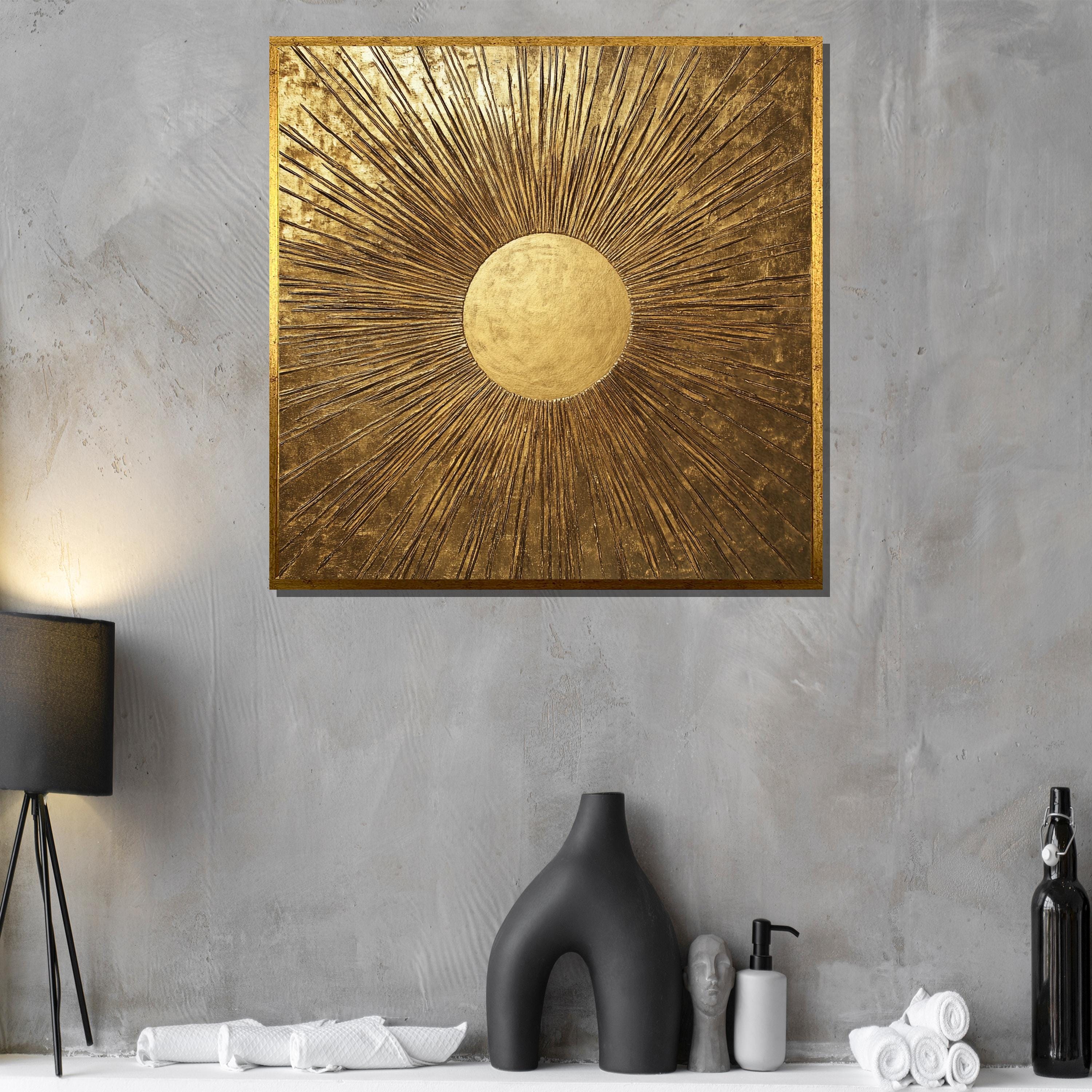 Golden Sunburst Canvas Painting, Luxury Abstract Gold Wall Art