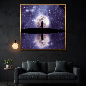 Moonlit Lovers Embrace - Romantic Night Sky Canvas Painting for Couples, Perfect Gift for Anniversaries, Valentine&#39;s Day, or Home Decor