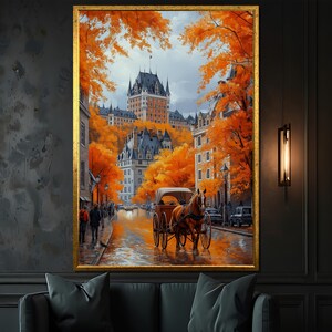 Quebec City Autumn Canvas - Château Frontenac & Horse Carriage, Romantic Fall Scene, Cozy Historic Street Wall Art
