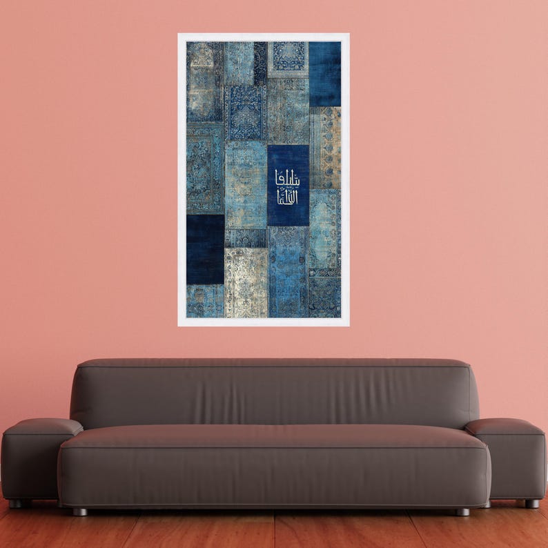 Antique Blue Patchwork Canvas, Persian Rug Pattern Wall Art, Vintage ...