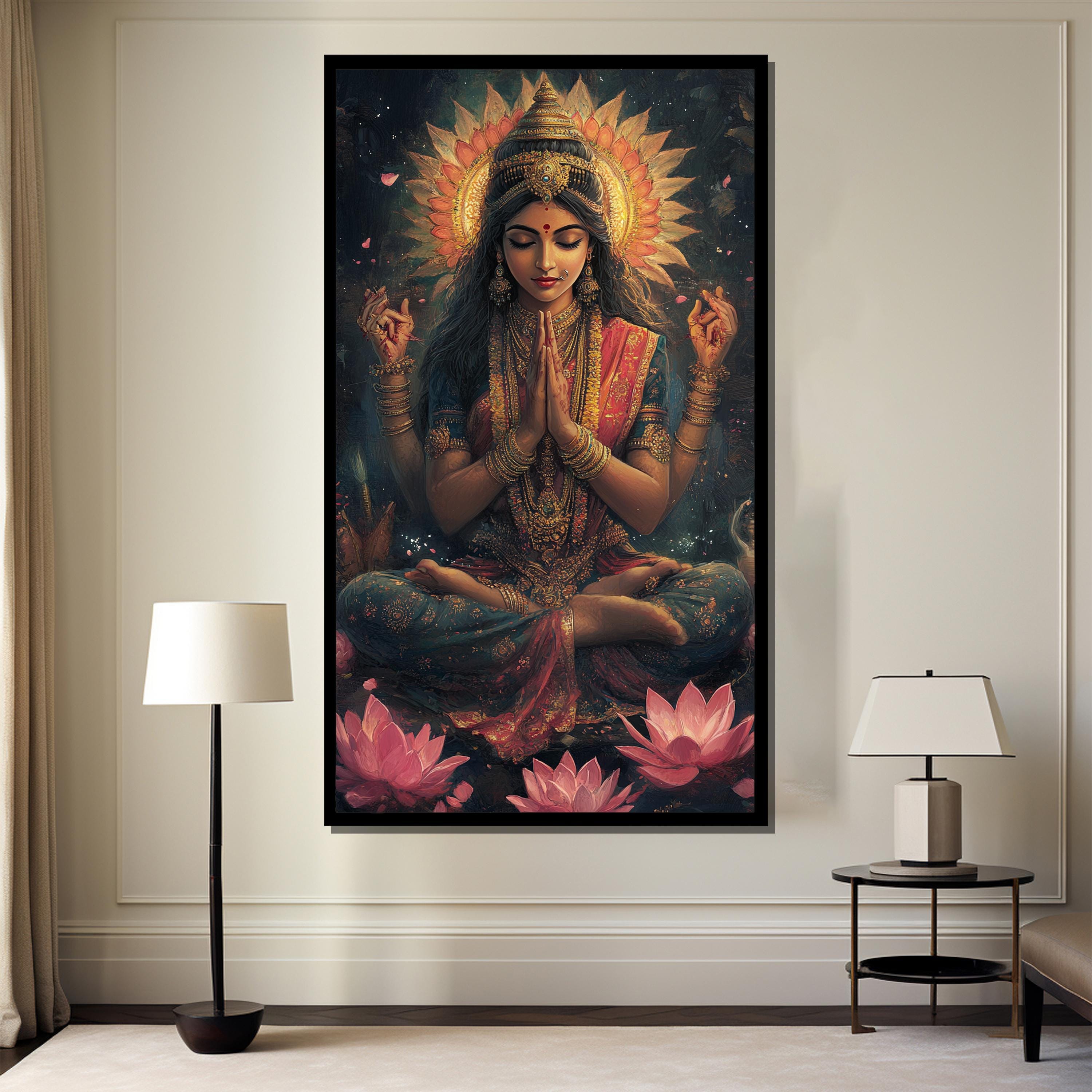 ヒンドゥー教の女神ラクシュミのキャンバス画、スピリチュアルな壁
