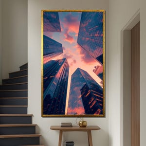 Moderne Wolkenkratzer Leinwand Gemälde, futuristische Stadtlandschaft Wandkunst, Sonnenuntergang Stadt Architektur Kunst, Glasturm Skyline Dekor Geschenk
