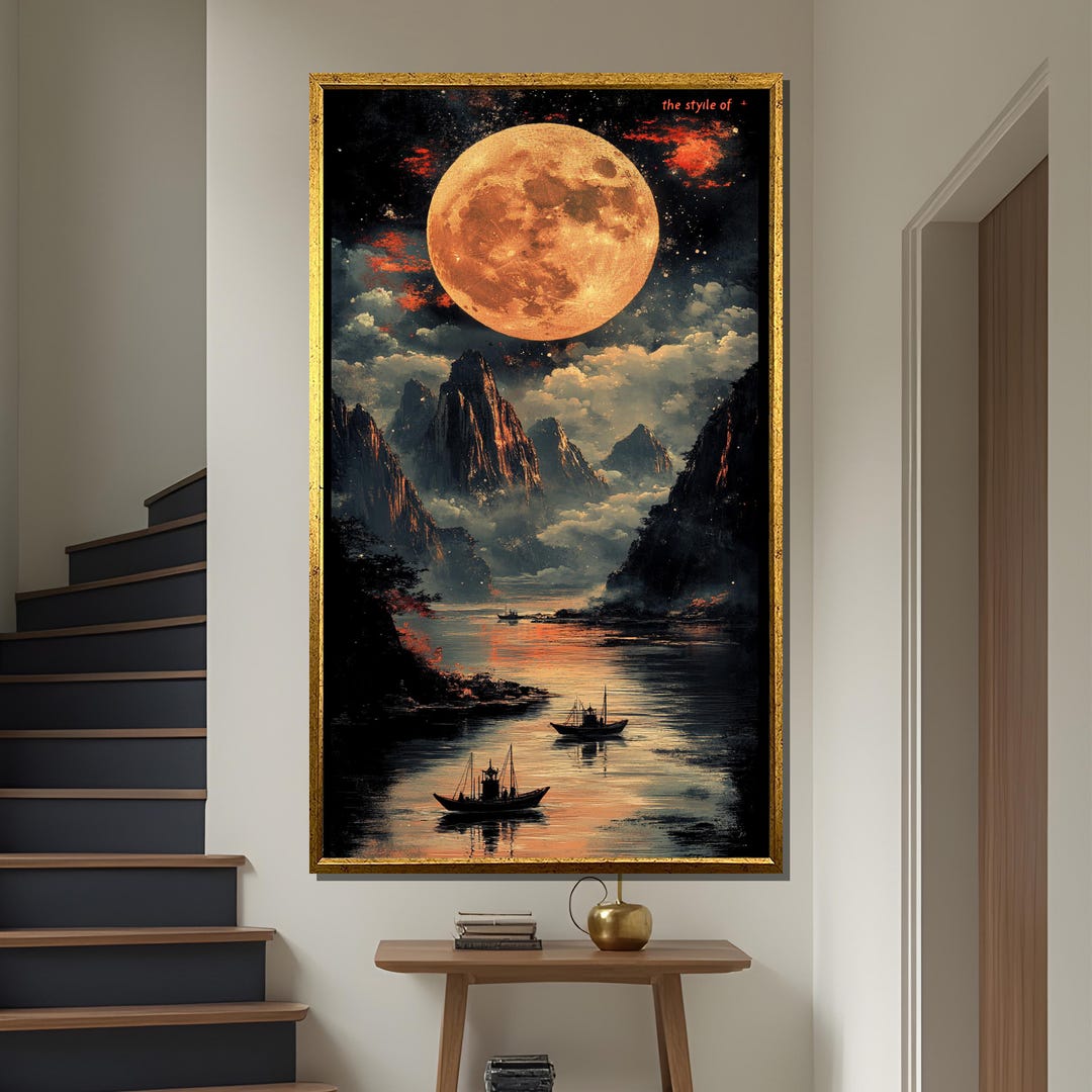 Golden Moon Over River Canvas Painting, Mystical Asian Landscape Art ...