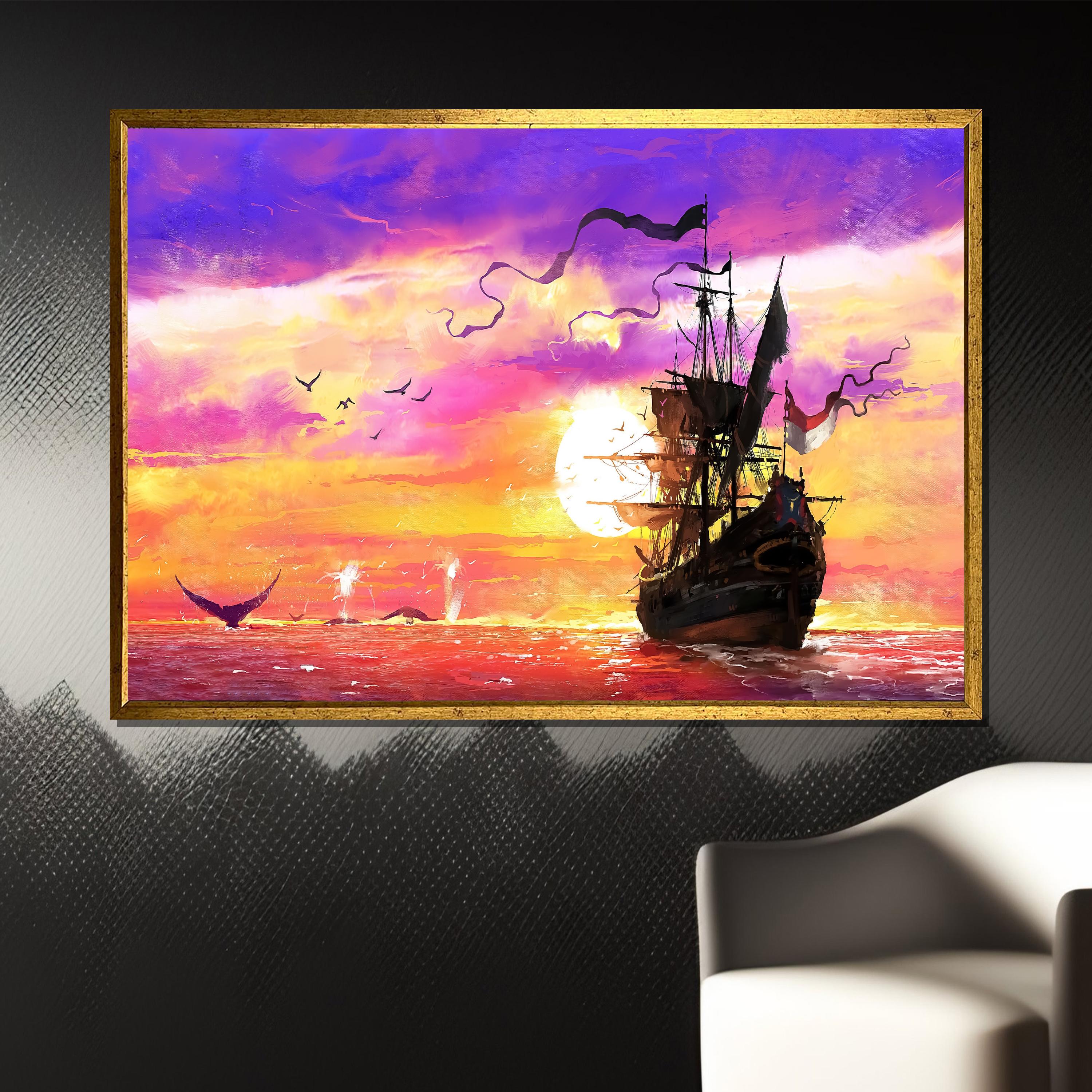 鮮やかな夕焼けの帆船キャンバス絵画 - 海に浮かぶ雄大な海賊船。海