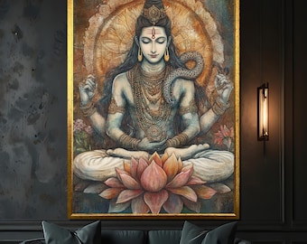 Lord Shiva Canvas Painting, Meditative Hindu Art, Spiritual Chakra