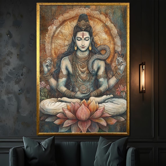 Lord Shiva Canvas Painting, Meditative Hindu Art, Spiritual Chakra