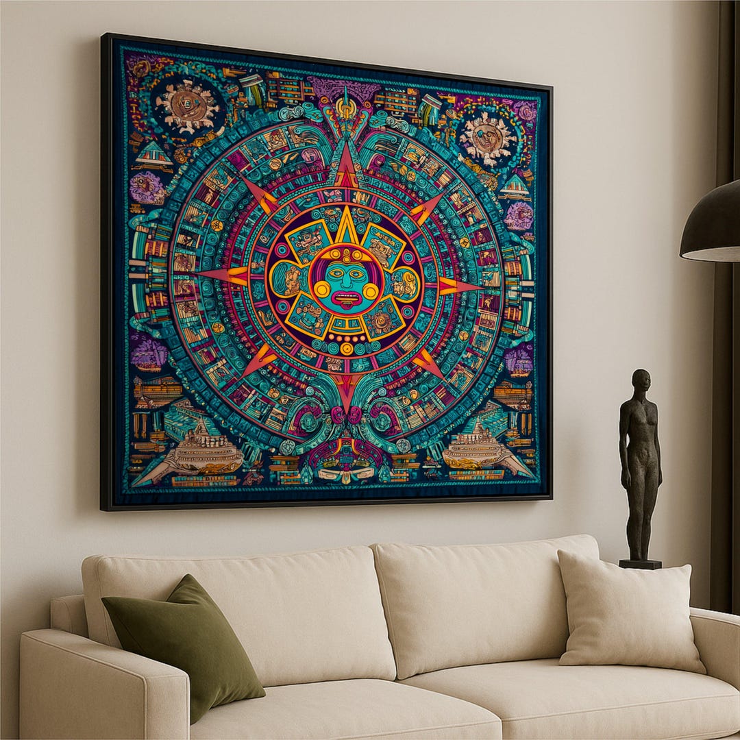 Vibrant Aztec Calendar Canvas, Mayan Sun Stone Wall Art, Colorful ...