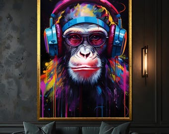 Colorful DJ Monkey with Headphones Canvas Painting | Funky and Modern Animal Art | Unique Gift for Music Lovers and Bold Decor