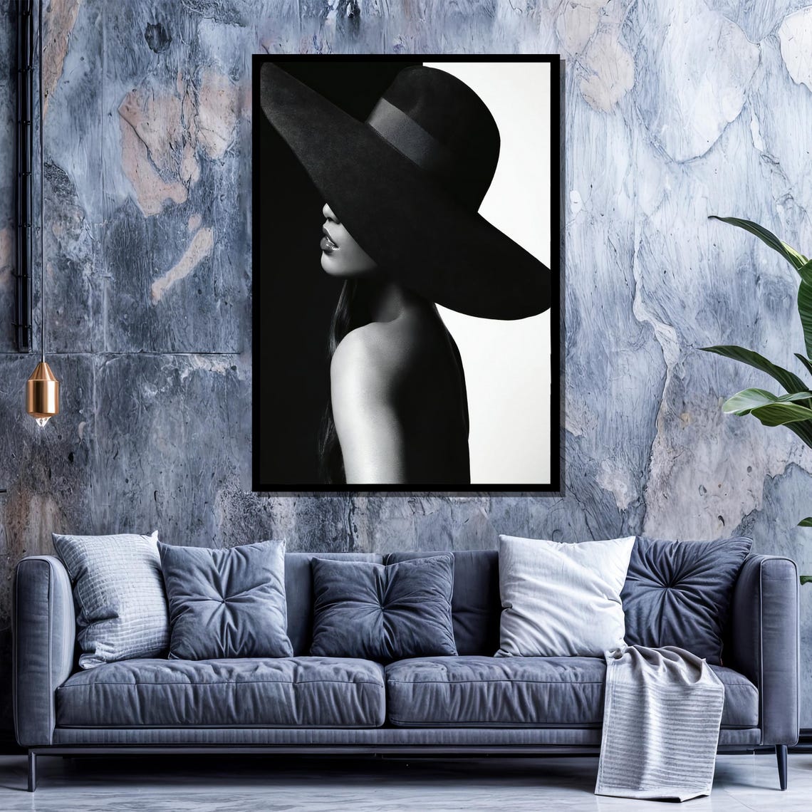 Black and White Woman With Wide-brimmed Hat Canvas Painting – Elegant ...