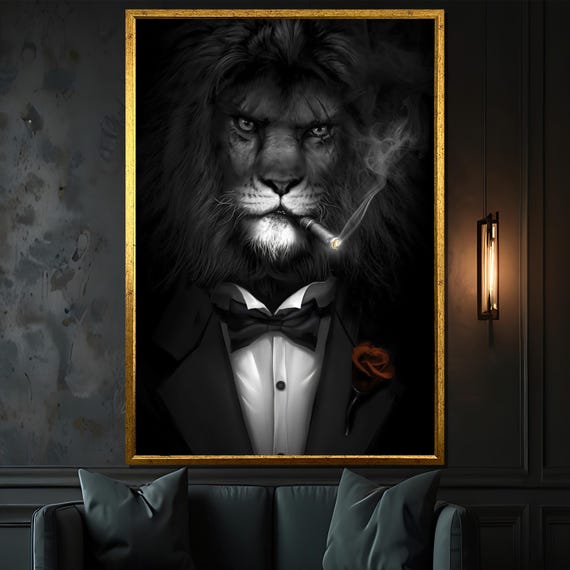 cigarette lion Smoking Lion in Tuxedo Canvas Art | Bold Animal Print