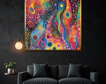 Dipinto su tela astratto a pois, vivace arte murale colorata, poster con motivo a pois psichedelico, stampa estetica geometrica moderna, unico