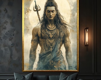 May include: A painting of a Hindu deity with a trident, wearing a beaded necklace and a loincloth. The deity has long dark hair and a serious expression. The background is a light blue and white watercolour wash.