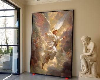 Radiant Angel Ascending Canvas, Ethereal Wings Wall Art, Heavenly Light Decor, Spiritual Home Decoration, Inspirational Canvas Print
