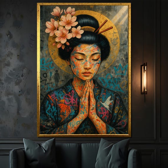 現代の芸者キャンバス絵画 - グラフィティ、桜、金色の光輪を融合した