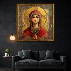 Sacred Christian Icon – Virgin Mary with Gold Halo, Byzantine Religious Art, Traditional Red and Gold Icon Painting
