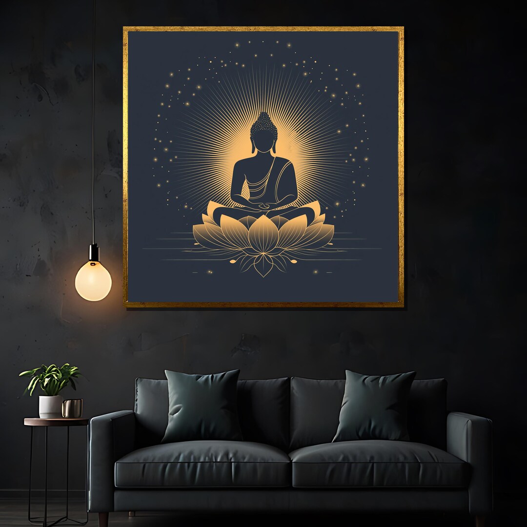 Minimalist Golden Buddha Canvas Painting on Lotus, Sacred Zen Wall Art ...
