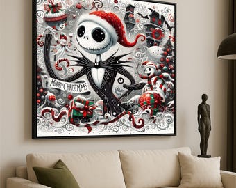 ジャック・スケリントンのクリスマスキャンバス、ホリデースケルトンアート、ゴシック様式の華やかな壁飾り、メリークリスマスキャンバス、不気味なクリスマスデコレーション