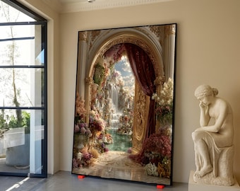 Majestätischer Wasserfall-Blick durch verzierten goldenen Torbogen, Blumengarten-Leinwandwandkunst, luxuriöse Naturlandschaft, elegantes Wohndekor, fertig