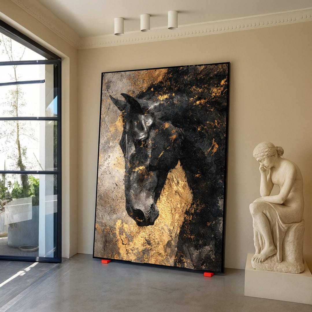Majestic Black Horse Canvas Wall Art, Abstract Animal Portrait, Gold ...