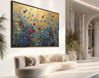 May include: Large framed artwork featuring a vibrant floral field painting. The artwork showcases a gold background with colorful flowers in shades of red, blue, and yellow. The painting is displayed above a curved beige sofa.