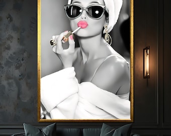Chic Woman in Sunglasses Applying Lipstick – Glamorous Black & White Canvas Painting with Pink Accent, Perfect Gift for Fashion Lovers