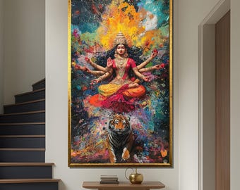 Hindu Goddess Durga Canvas Painting, Divine Spiritual Wall Art, Indian Mythology Decor, Warrior Goddess Artwork, Religious Gift