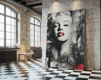 Vintage Glamour Portrait Leinwand, Retro Marilyn Monroe Wand Kunst, Schwarz Weiss mit roten Lippen, Hollywood Leinwand, Urban Grunge Stil