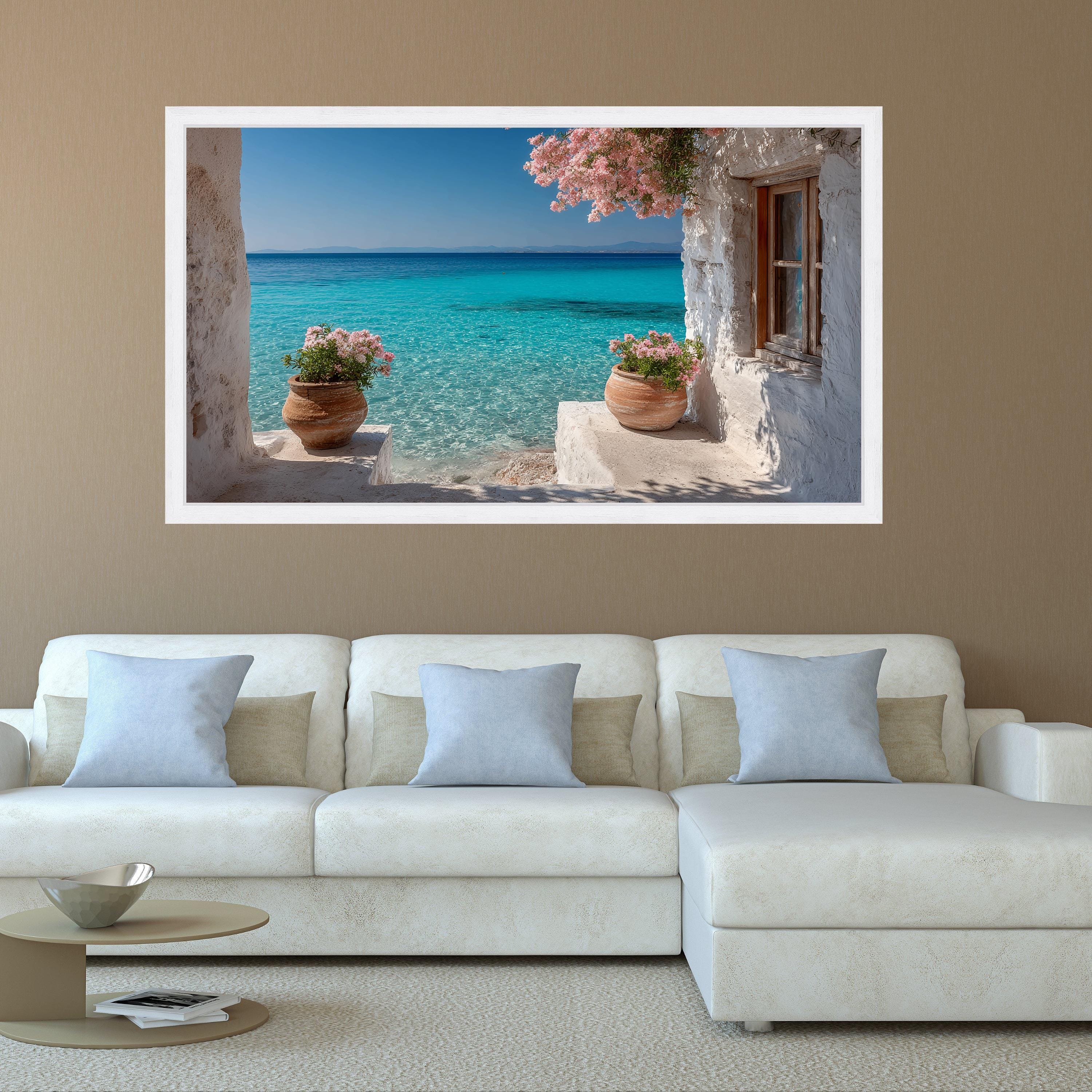 Mediterranean Seaside View Canvas, Turquoise Ocean Wall Art, Rustic ...