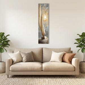 Golden Sailboat Canvas Painting, Full Moon Sailing Ship on Textured Gray Sea, Neutral Nautical Wall Art for Coastal Decor StretchedWood Canvas